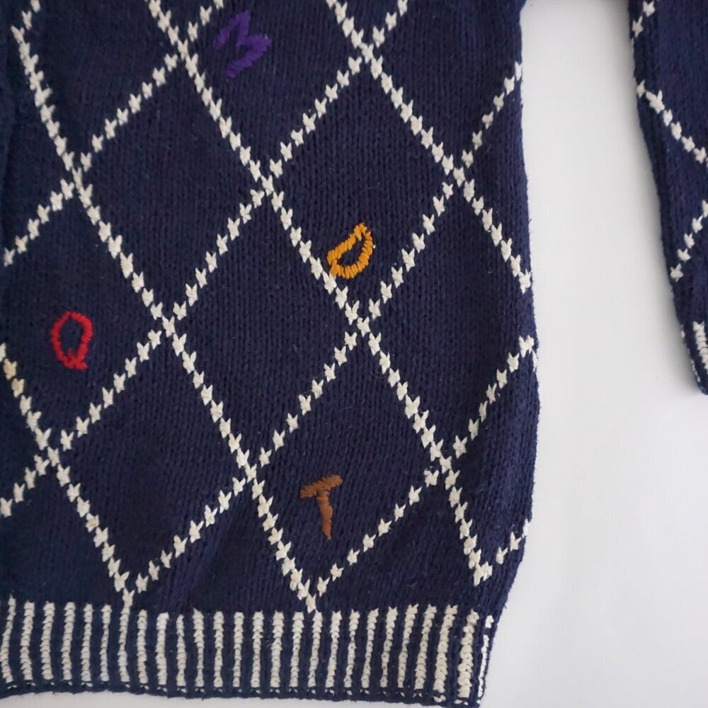 Vintage Cape Isle Knitters Navy Apple Numbers Cotton Hand Knit Blue Cardigan M - Picture 5 of 10